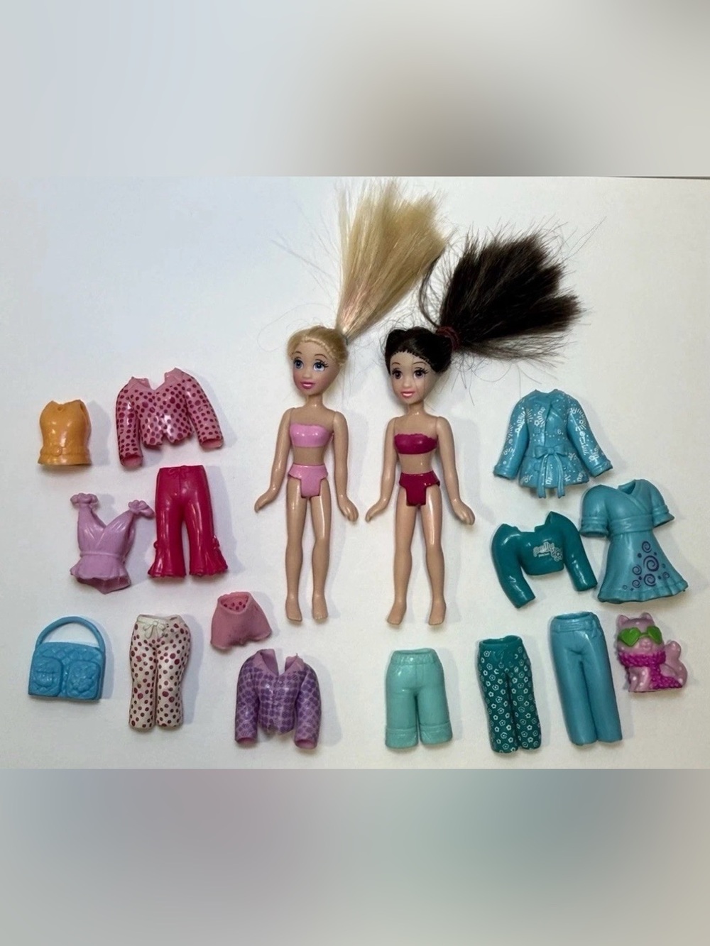 2 Polly Pocket Dolls with Rooted Hair Clothes
Purse & Cat Y2K Lot Of 17 Pcs